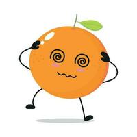 Cute dizzy orange character. Funny drunk orange cartoon emoticon in flat style. Fruit emoji vector illustration