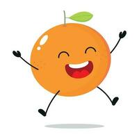 Cute happy orange character. Funny victory celebration jump orange cartoon emoticon in flat style. Fruit emoji vector illustration