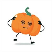 Cute dizzy pumpkin character. Funny drunk pumpkin cartoon emoticon in flat style. vegetable emoji vector illustration