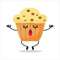 Cute relax muffin character. Funny yoga cupcake cartoon emoticon in flat style. bakery emoji meditation vector illustration
