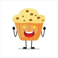 Cute excited muffin character. Funny electrifying cupcake cartoon emoticon in flat style. bakery emoji vector illustration