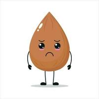 Cute sad almond character. Funny unhappy almond cartoon emoticon in flat style. vegetable emoji vector illustration