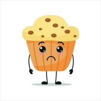 Cute sad muffin character. Funny unhappy cupcake cartoon emoticon in flat style. bakery emoji vector illustration