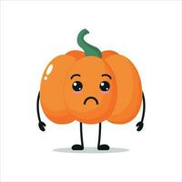 linda triste calabaza personaje. gracioso infeliz calabaza dibujos animados emoticon en plano estilo. vegetal emoji vector ilustración