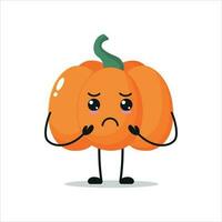 Cute gloomy pumpkin character. Funny sad pumpkin cartoon emoticon in flat style. vegetable emoji vector illustration