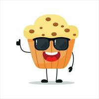 Cute happy muffin character wear sunglasses. Funny cupcake greet friend cartoon emoticon in flat style. bakery emoji vector illustration