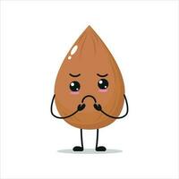 Cute gloomy almond character. Funny sad almond cartoon emoticon in flat style. vegetable emoji vector illustration