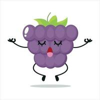 Cute relax grape character. Funny yoga grape cartoon emoticon in flat style. Fruit emoji meditation vector illustration