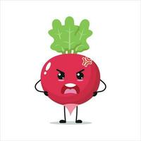 linda enojado rábano personaje. gracioso enojado rábano dibujos animados emoticon en plano estilo. vegetal emoji vector ilustración