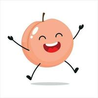 Cute happy peach character. Funny jump peach cartoon emoticon in flat style. Fruit emoji vector illustration