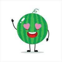 linda contento sandía personaje. gracioso otoño en amor sandía dibujos animados emoticon en plano estilo. Fruta emoji vector ilustración