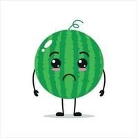 Cute sad watermelon character. Funny unhappy watermelon cartoon emoticon in flat style. Fruit emoji vector illustration