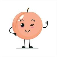 Cute happy peach character. Funny smiling and blink peach cartoon emoticon in flat style. Fruit emoji vector illustration