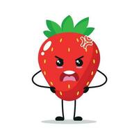Cute angry strawberry character. Funny mad strawberry cartoon emoticon in flat style. Fruit emoji vector illustration
