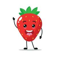 Cute happy strawberry character. Funny strawberry cartoon emoticon in flat style. Fruit emoji vector illustration