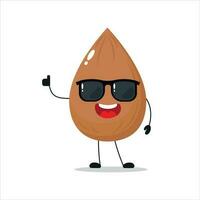 Cute happy almond character wear sunglasses. Funny almond greet friend cartoon emoticon in flat style. vegetable emoji vector illustration