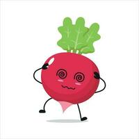 Cute dizzy radish character. Funny drunk radish cartoon emoticon in flat style. vegetable emoji vector illustration