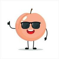 Cute happy peach character wear sunglasses. Funny peach greet friend cartoon emoticon in flat style. Fruit emoji vector illustration