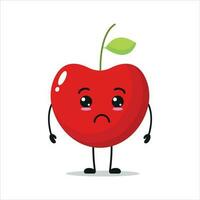 Cute sad cherry character. Funny unhappy cherry cartoon emoticon in flat style. Fruit emoji vector illustration