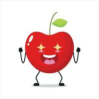 Cute excited cherry character. Funny electrifying cherry cartoon emoticon in flat style. Fruit emoji vector illustration