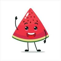 Cute happy slice watermelon character. Funny slice watermelon greeting cartoon emoticon in flat style. Fruit emoji vector illustration