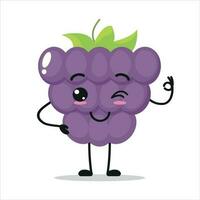 Cute happy grape character. Funny smiling and blink grape cartoon emoticon in flat style. Fruit emoji vector illustration