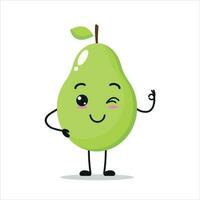 Cute happy pears character. Funny smiling and blink pears cartoon emoticon in flat style. Fruit emoji vector illustration