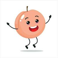 Cute happy peach character. Funny celebration jump peach cartoon emoticon in flat style. Fruit emoji vector illustration