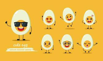 Cute boiled egg wear sunglasses character. Funny half egg emoticon in flat style. Different Face Expression Emoji vector illustration.