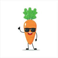 Cute happy carrot character wear sunglasses. Funny carrot greet friend cartoon emoticon in flat style. vegetable emoji vector illustration