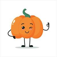 linda contento calabaza personaje. gracioso sonriente y parpadeo calabaza dibujos animados emoticon en plano estilo. vegetal emoji vector ilustración