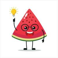 Cute smart slice watermelon character. Funny slice watermelon got inspiration idea cartoon emoticon in flat style. Fruit emoji vector illustration