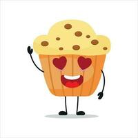 Cute happy muffin character. Funny fall in love cupcake cartoon emoticon in flat style. bakery emoji vector illustration