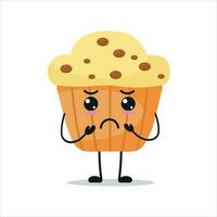 Cute gloomy muffin character. Funny sad cupcake cartoon emoticon in flat style. bakery emoji vector illustration