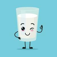 Cute happy milk glass character. Funny smiling and blink milk cartoon emoticon in flat style. dairy emoji vector illustration