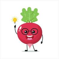 linda inteligente rábano personaje. gracioso rábano tiene inspiración idea dibujos animados emoticon en plano estilo. vegetal emoji vector ilustración