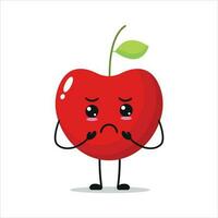 Cute gloomy cherry character. Funny sad cherry cartoon emoticon in flat style. Fruit emoji vector illustration