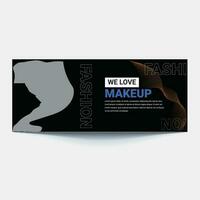 Beauty make up banner template. Cosmetic products on wavy background in nude skin tone colours. Advertising poster design for beauty store, blog, offers and promotion. Vector illustration.