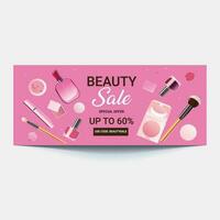 Beauty make up banner template. Cosmetic products on wavy background in nude skin tone colours. Advertising poster design for beauty store, blog, offers and promotion. Vector illustration.