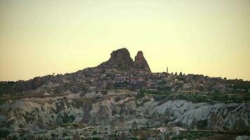 Time lapse view of evening lights of Nevsehir Uchisar Castle in Cappadocia Turkey video