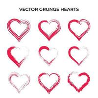 Grunge Heart Shapes Set Red Color Vector. Brush Stroke Style vector