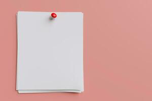 blank white paper page with red pin on pink background. with free space for copy. photo