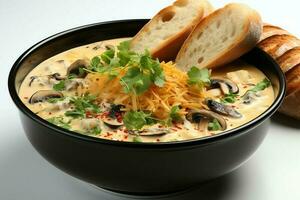 A delicious bouillabaisse soup food in a bowl. Marseille food and healthy protein soup meal concept by AI Generated photo