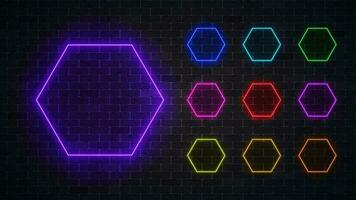 Set of illuminate neon hexagon frames. Vector illustration