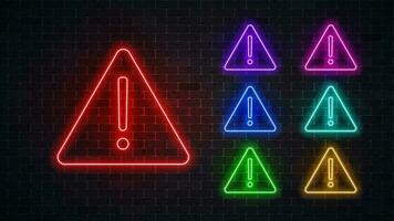 Neon glowing warning icon. Vector illustration