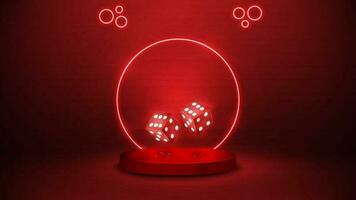 Casino Dice on a red podium with neon lighting. Vector illustration