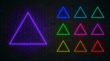 Set of illuminate neon triangle frames. Multicoloured geometric icon. Vector illustration