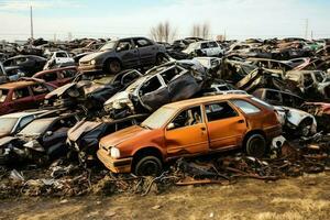 Rusting old junk cars with environment pollution in junkyard for recycling. Abandoned car waste concept by AI Generated photo