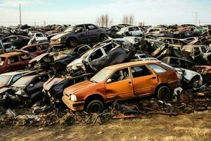 oxidando antiguo basura carros con ambiente contaminación en depósito de chatarra para reciclaje. abandonado coche residuos concepto por ai generado foto