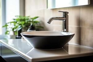 Modern public bathroom with row of white ceramic wash sink basins and faucet with mirror in restroom concept by AI Generated photo